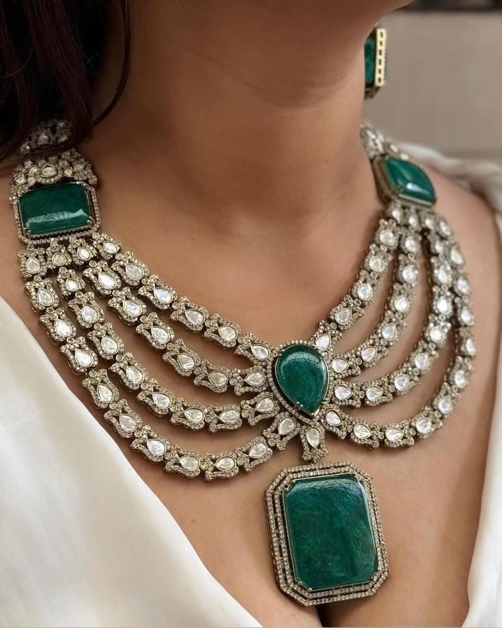Premium Victorian multi Layered Uncut Moissanite Polki Kundan Emerald Green/Red Doublet Diamond Long Necklace Earrings,Sabyasachi Inspired