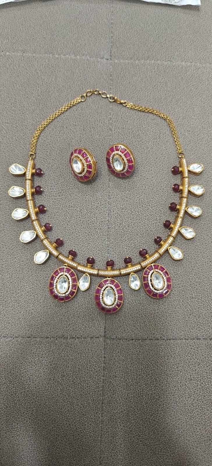 Ruby pink polki necklace earrings set hasli choker set indian jewellery mossinte necklace Sabyasachi jewellery