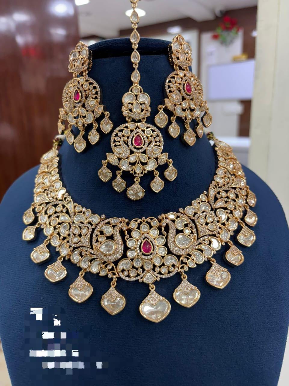 Gold plated uncut kundan necklace set with earrings/ polki necklace set
