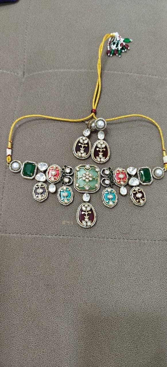 Premium Amrapali Inspired Victorian Gold Multi color Uncut Faux Polki Kundan Necklace With Earrings Indian Pakistani Designer Jewelry OOAK