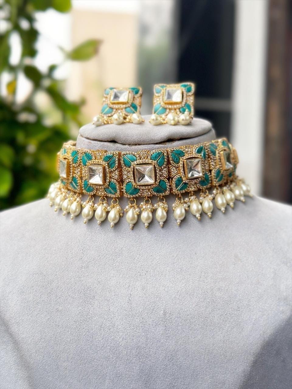 Sabyasachi inspired Moissanite uncut kundan choker set with earrings Statement necklace Indian Pakistani Bridal Wedding Partywear necklace