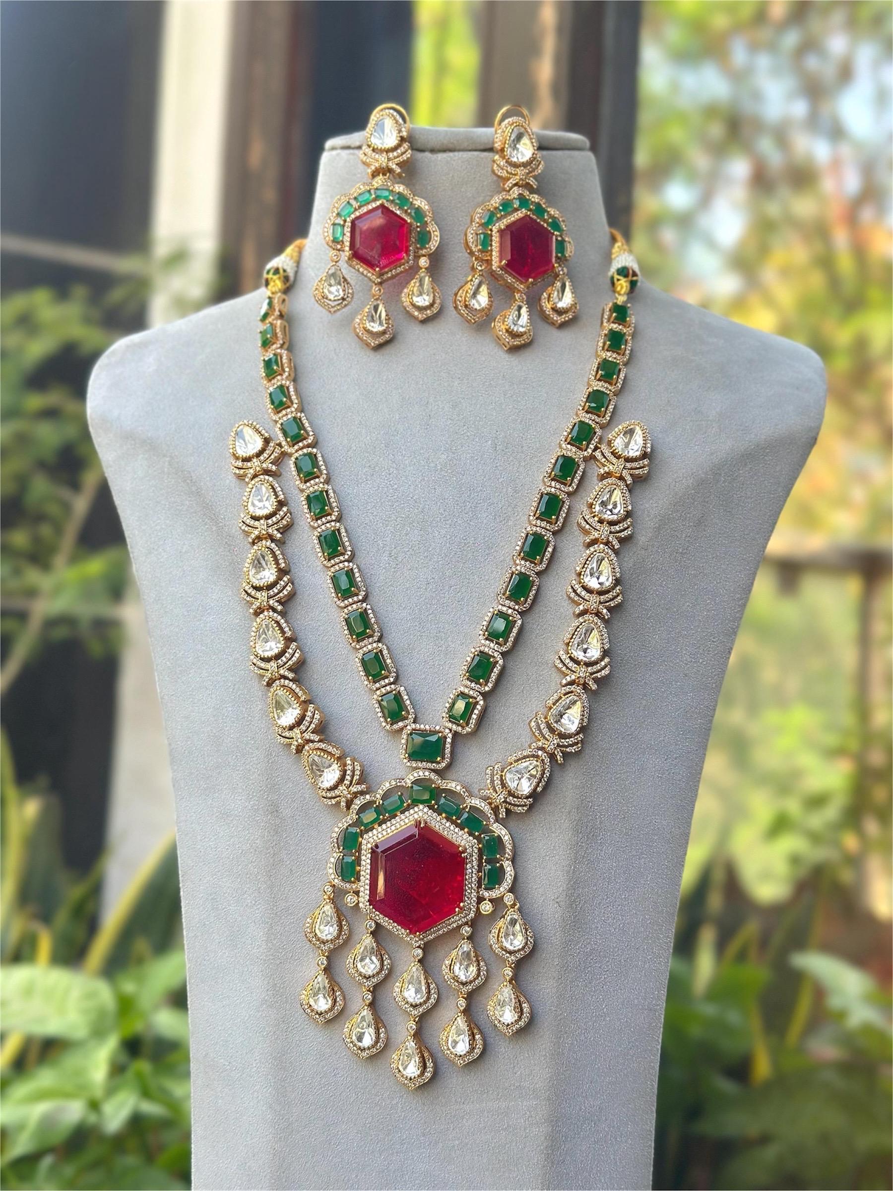 Royal Gold Plated Sabysachi Inspired Moissanite Kundan Green Statement Necklace Doublet stones & Long Earrings Indian Pakistani Wedding Set