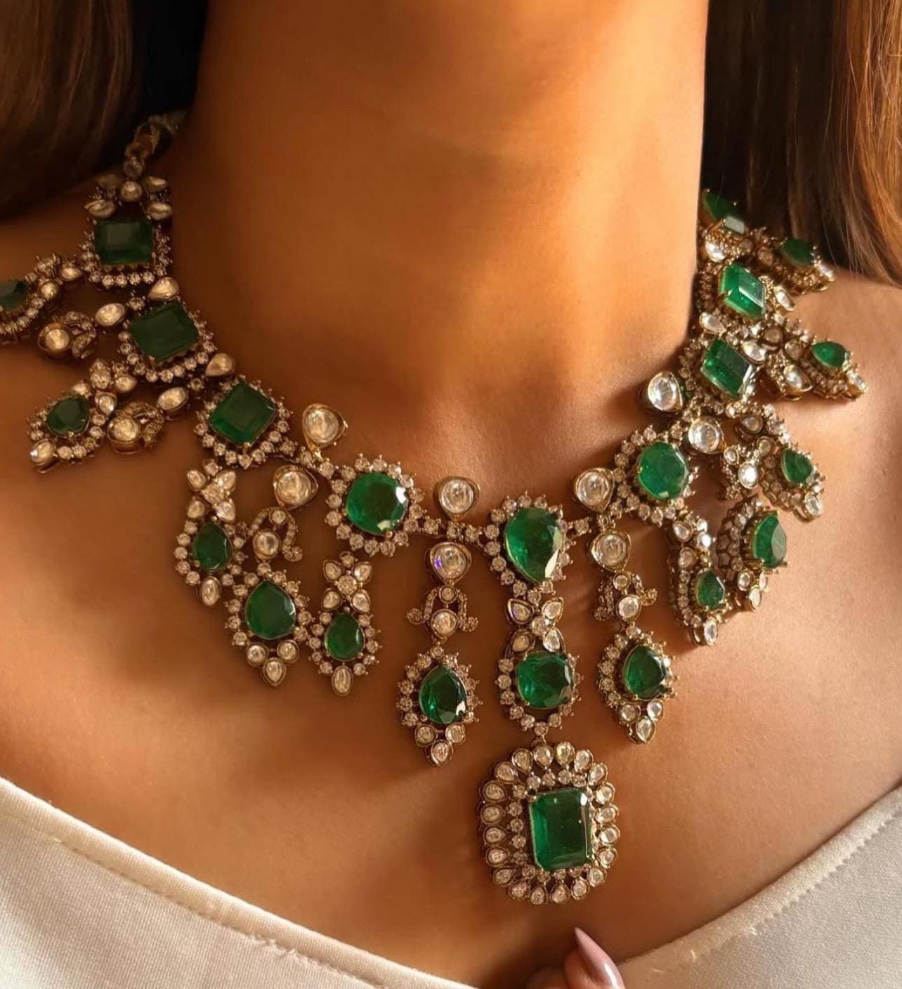 Sabyasachi Amrapali Jewelry Inspired Royal Victorian Gold Emerald Green Doublet Uncut Moissanite Faux Polki Kundan Zirconia Diamond Necklace