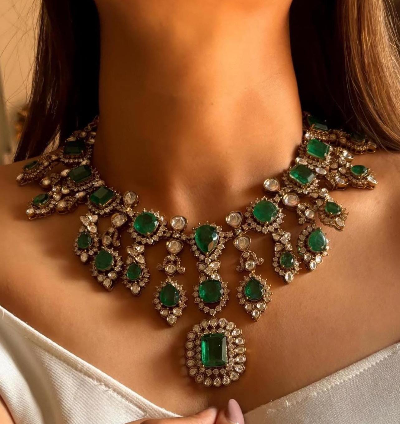 Sabyasachi Amrapali Jewelry Inspired Royal Victorian Gold Emerald Green Doublet Uncut Moissanite Faux Polki Kundan Zirconia Diamond Necklace