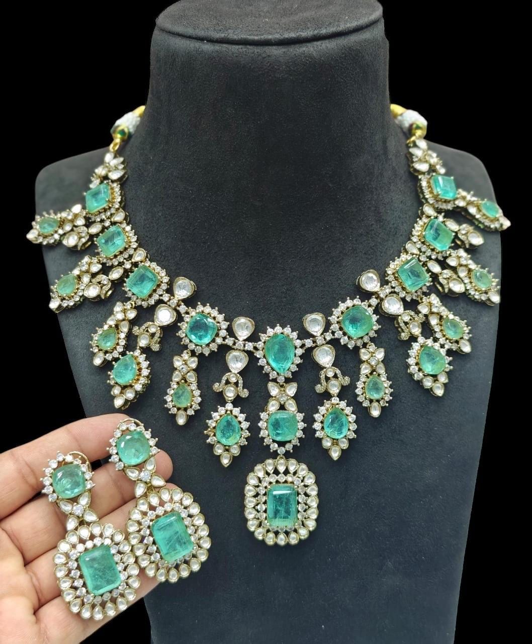 Sabyasachi Amrapali Jewelry Inspired Royal Victorian Gold Emerald Green Doublet Uncut Moissanite Faux Polki Kundan Zirconia Diamond Necklace