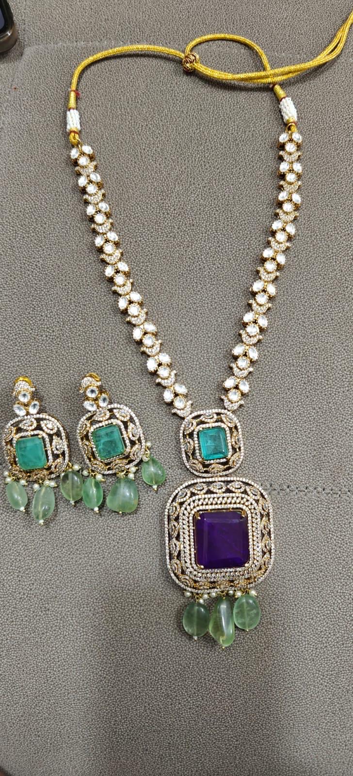 Royal Sabyasachi Inspired Purple Mint Turqoise Pendant Necklace With Earrings,Indian Pakistani Punjabi Wedding Jewelry Set/Statement Set