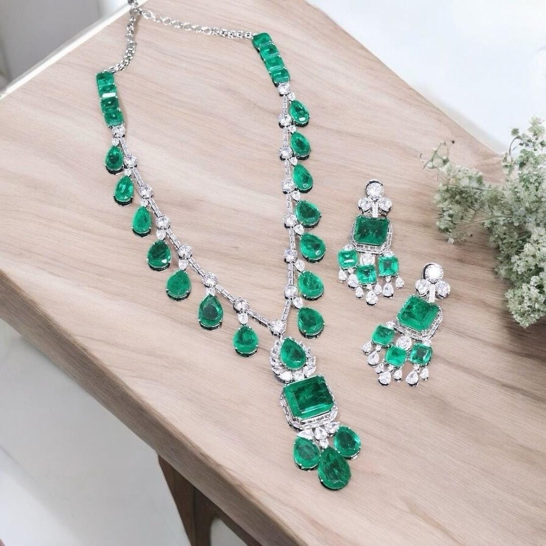 Nita Ambani inspired highest quality Emerald Green doublet premium AAA CZ stones Necklace With Statement Earrings,Celebrity set,Diamond set