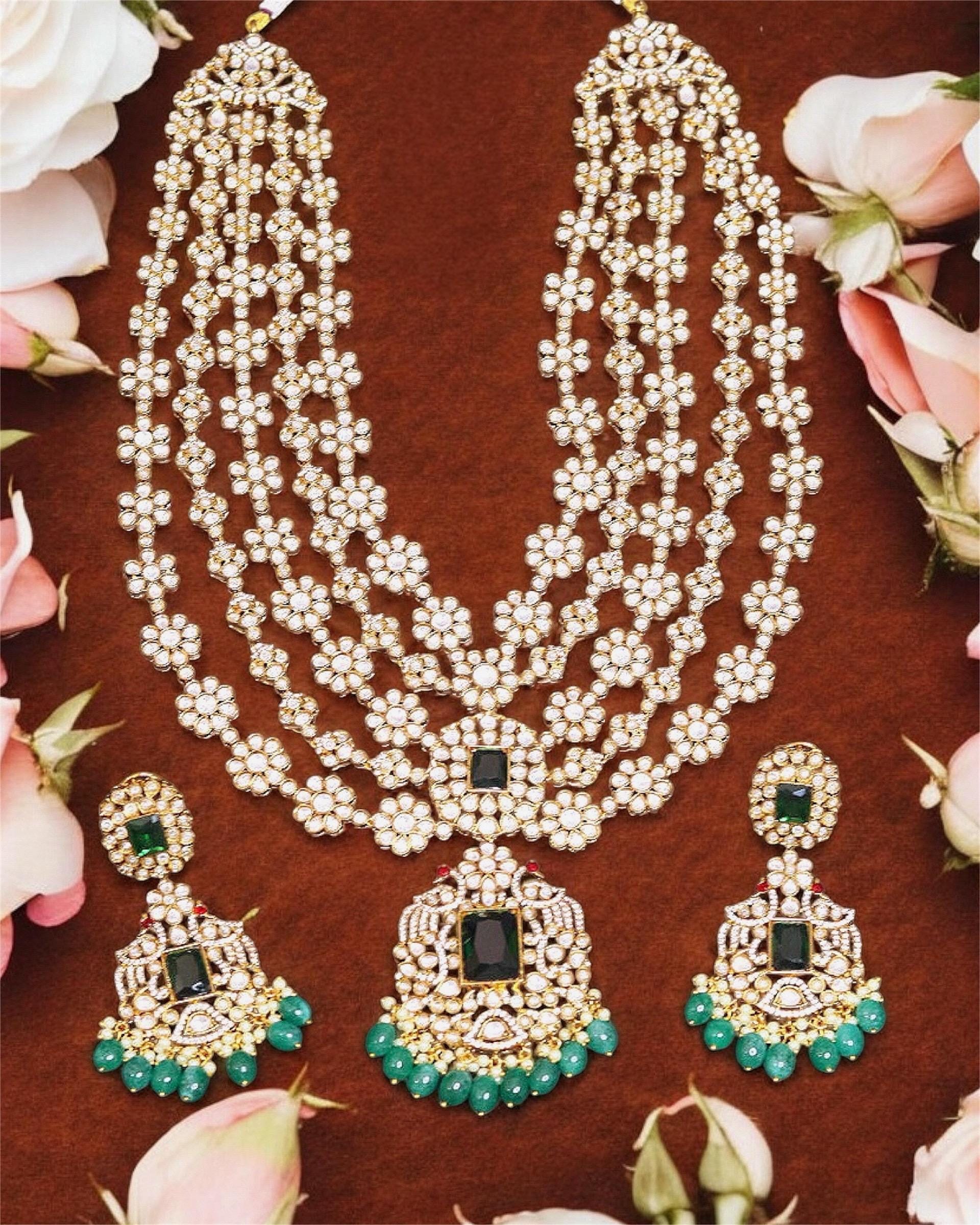 Radhika Merchant inspired multi layered Uncut Faux Kundan Emerald Green Long Necklace with Earrings,Sabyasachi Inspired/Statement necklace