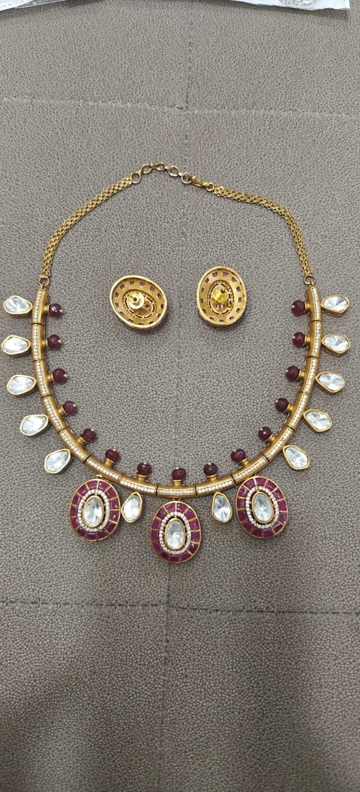 Ruby pink polki necklace earrings set hasli choker set indian jewellery mossinte necklace Sabyasachi jewellery