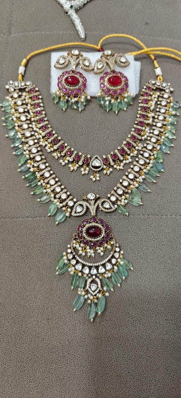 Royal Sabyasachi Inspired Ruby Red Emerald Green Two Layered Pendant Necklace With Earrings, Indian Pakistani Punjabi Wedding Jewelry Set