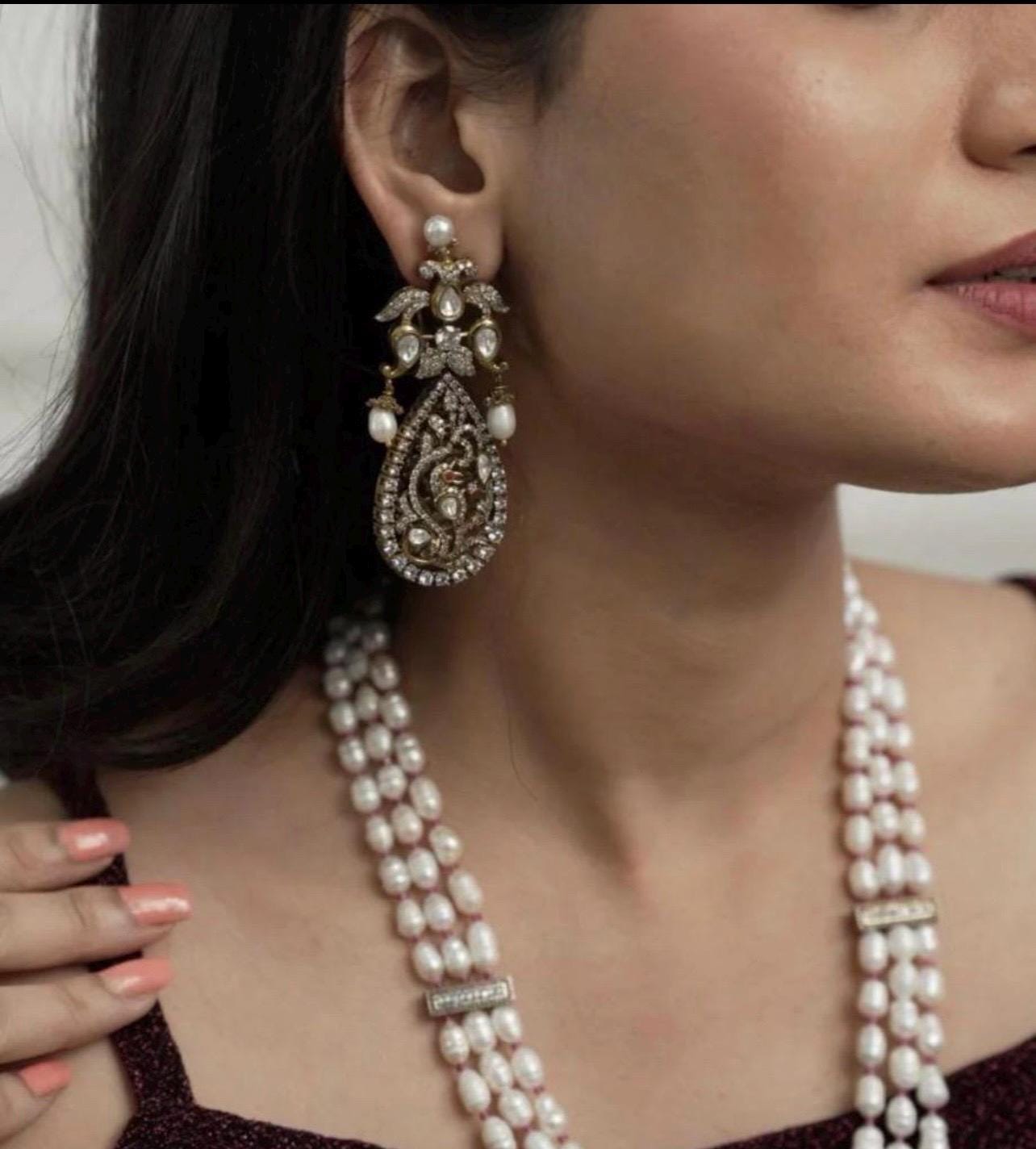 Premium Amrapali Jewelry Inspired Long Victorian Dual Tone Victorian Uncut Moissanite Polki kundan Fresh Water Pearl Necklace Set Punjabi