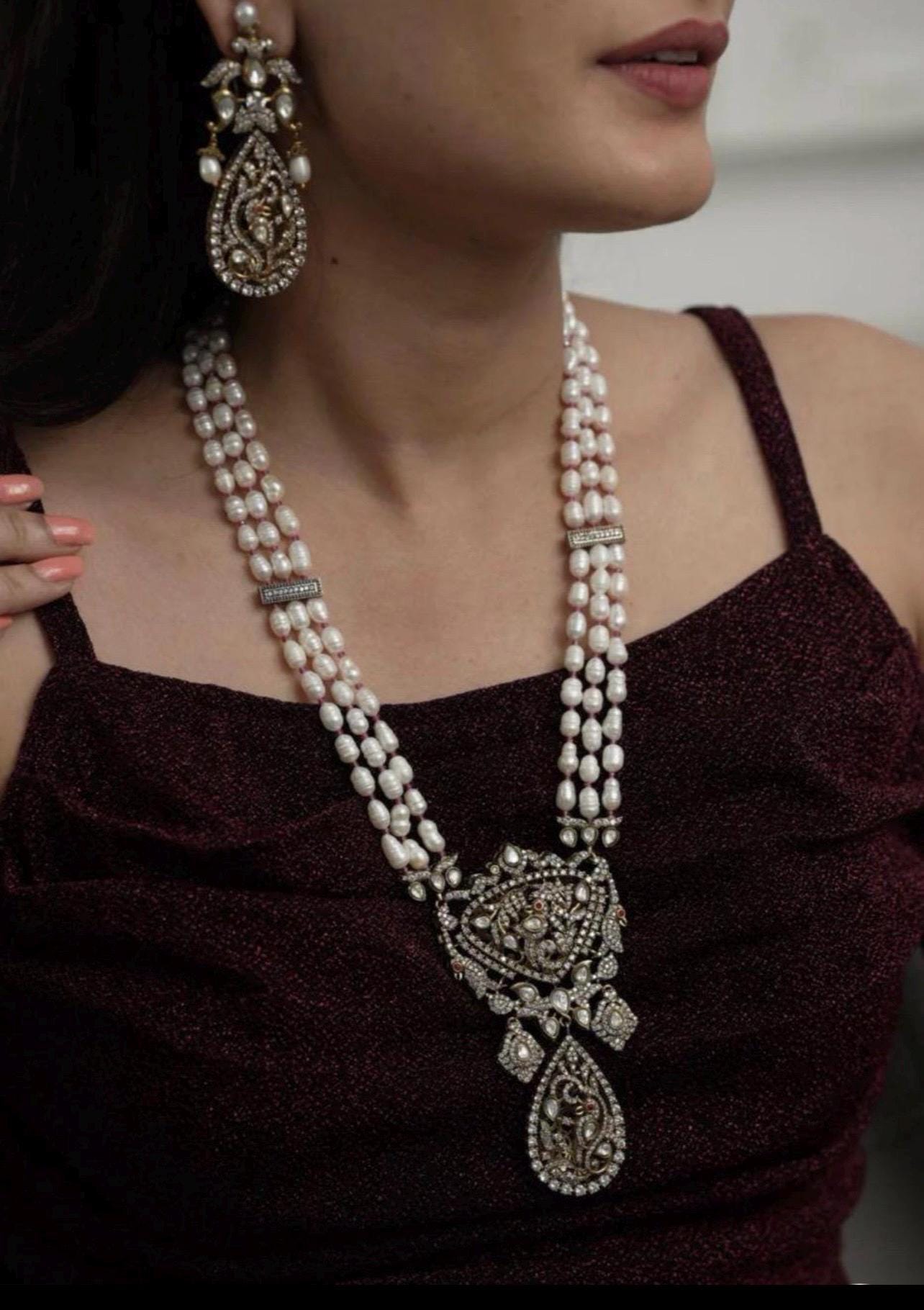 Premium Amrapali Jewelry Inspired Long Victorian Dual Tone Victorian Uncut Moissanite Polki kundan Fresh Water Pearl Necklace Set Punjabi