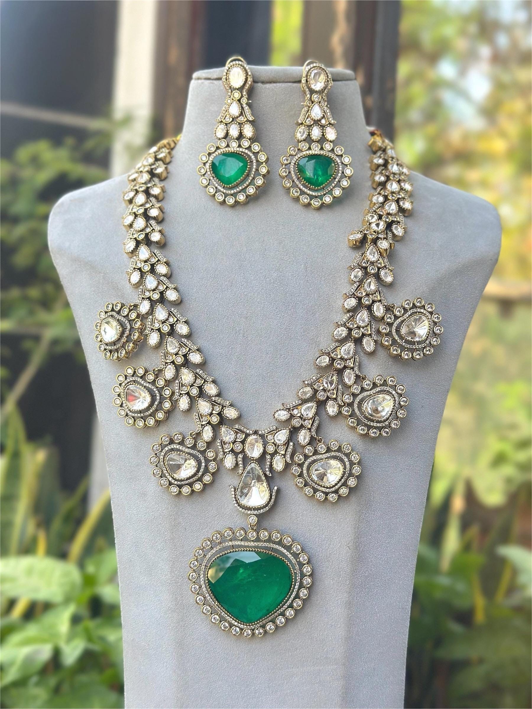 Fine Victorian Finish Doublet Stones Uncut Moissanite Kundan Wedding Jewelry Necklace Set & Earrings,Sabyasachi Jewelry,Statement necklace