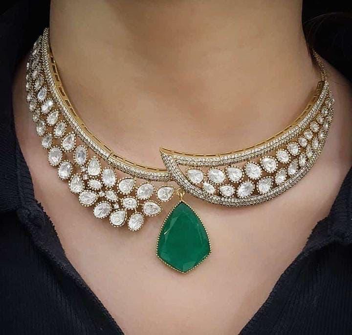 Polki choker Necklace Green Kundan Set Sabyasachi Jewelry Victorian Polki Diamond Necklace Jadau Jewelry Emerald Doublet Moissanite Jewelry
