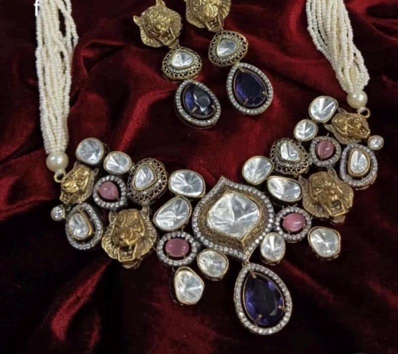 Mint Teal Green Lion Jaguar Uncut Polki Necklace  Indian Pakistani Punjabi Jewelry Kundan Necklace Kundan Set Designer Necklace set
