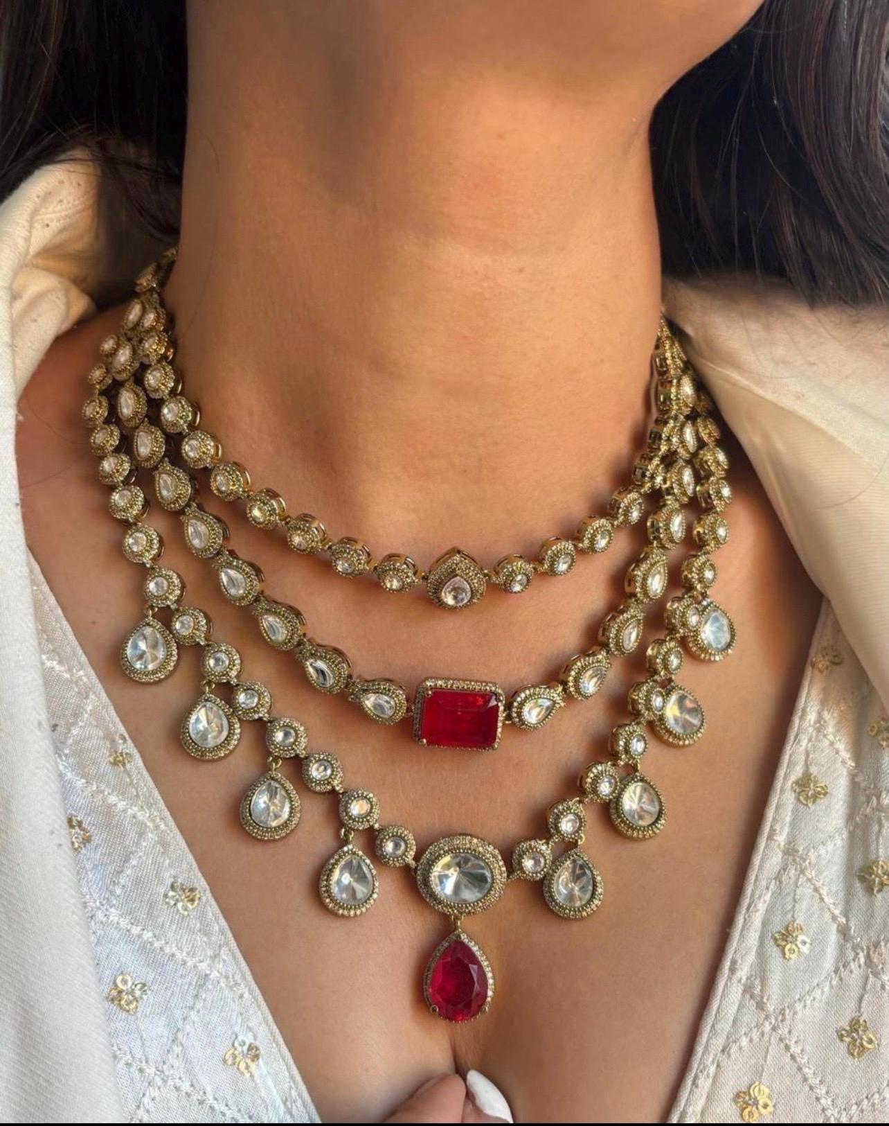 Ruby Red Layered Uncut Polki Kundan Long Necklace Sabyasachi Jewelry Diamond Necklace India Moissanite Polki Pendant Uncut Kundan Jewelry