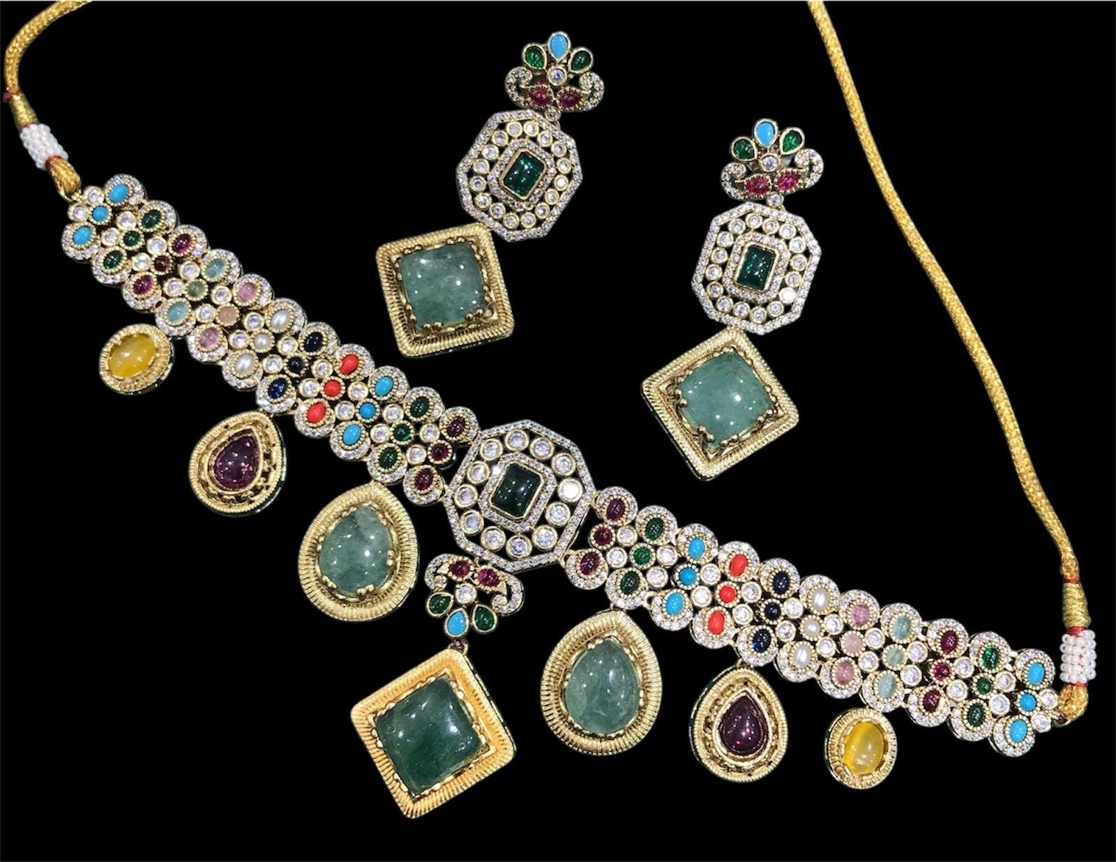 Premium Amrapali Inspired Victorian Gold Multi color Uncut Faux Polki Kundan choker Necklace With Earrings Indian Pakistani Designer Jewelry