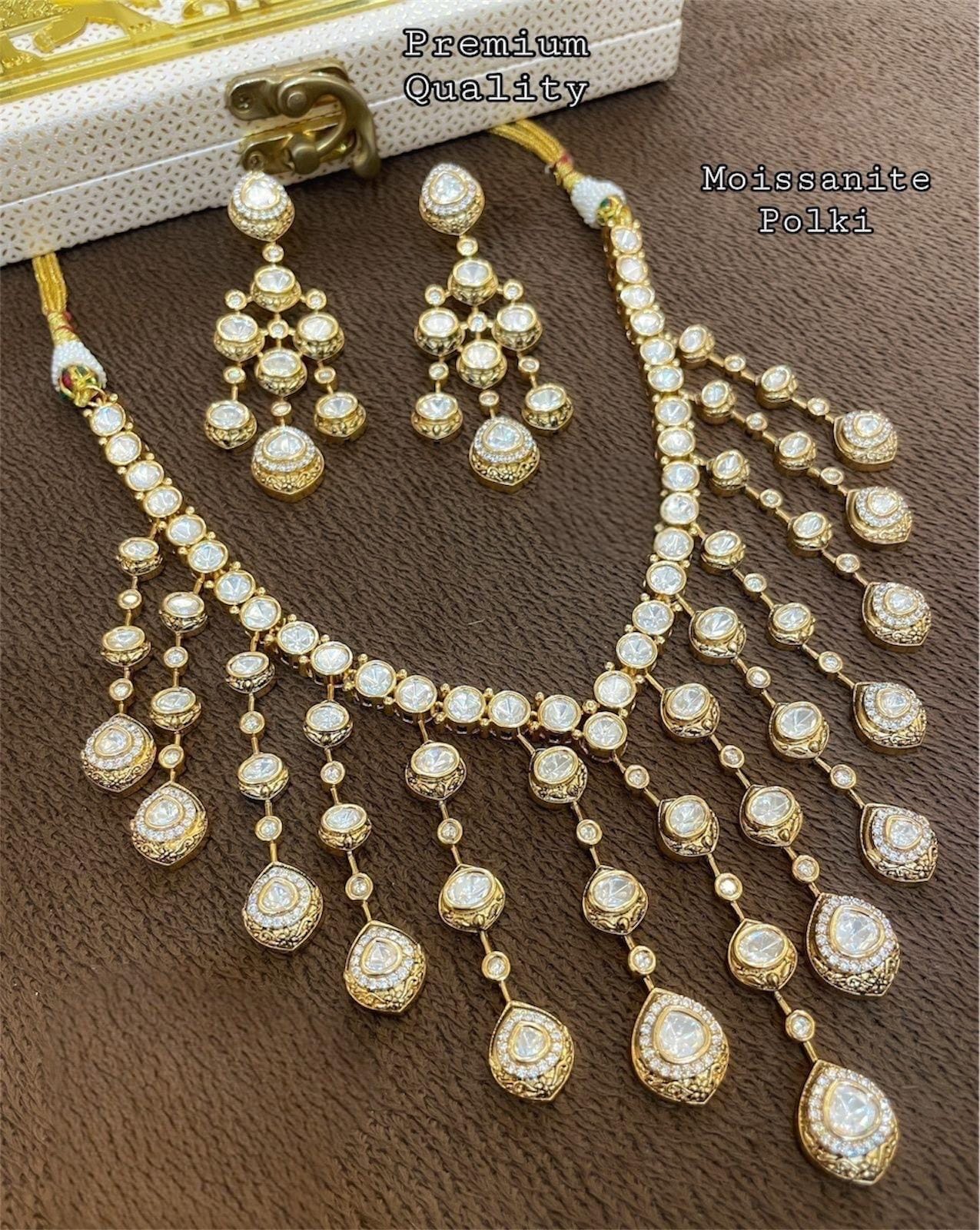 Premium quality Mossanite polki antique gold plated bridal wedding Statement Indian Pakistani Sabyasachi inspired necklace set with earrings