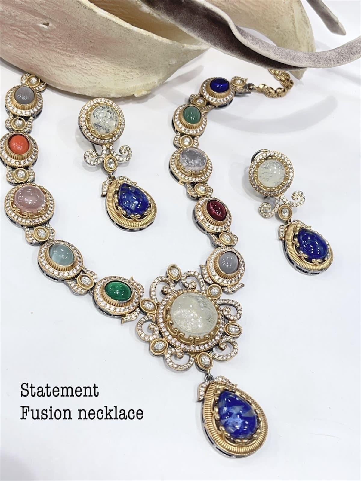 Sabyasachi Inspired Moissanite Kundan Polki with Navratan carving stones fusion necklace/Celebrity bridal Wedding Set/Statement necklace