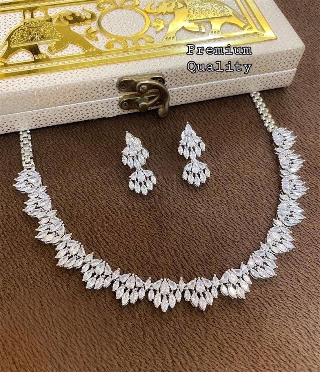 Priyanka Chopra inspired diamond necklace with earrings/celebrity jewelry/statement necklace/Western Hollywood jewelry/Modern fusion set