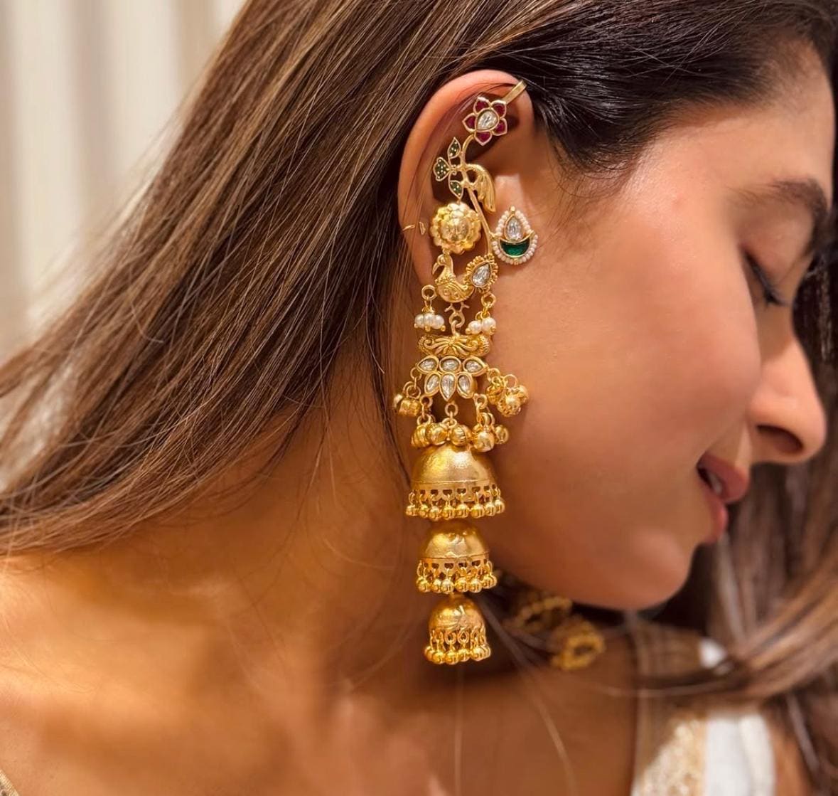 Peacock kaanphool/earcuffs/gold plated fusion earrings/jhumka earrings/Ghungroo celebrity Bollywood Indian Pakistani bridal wedding earrings