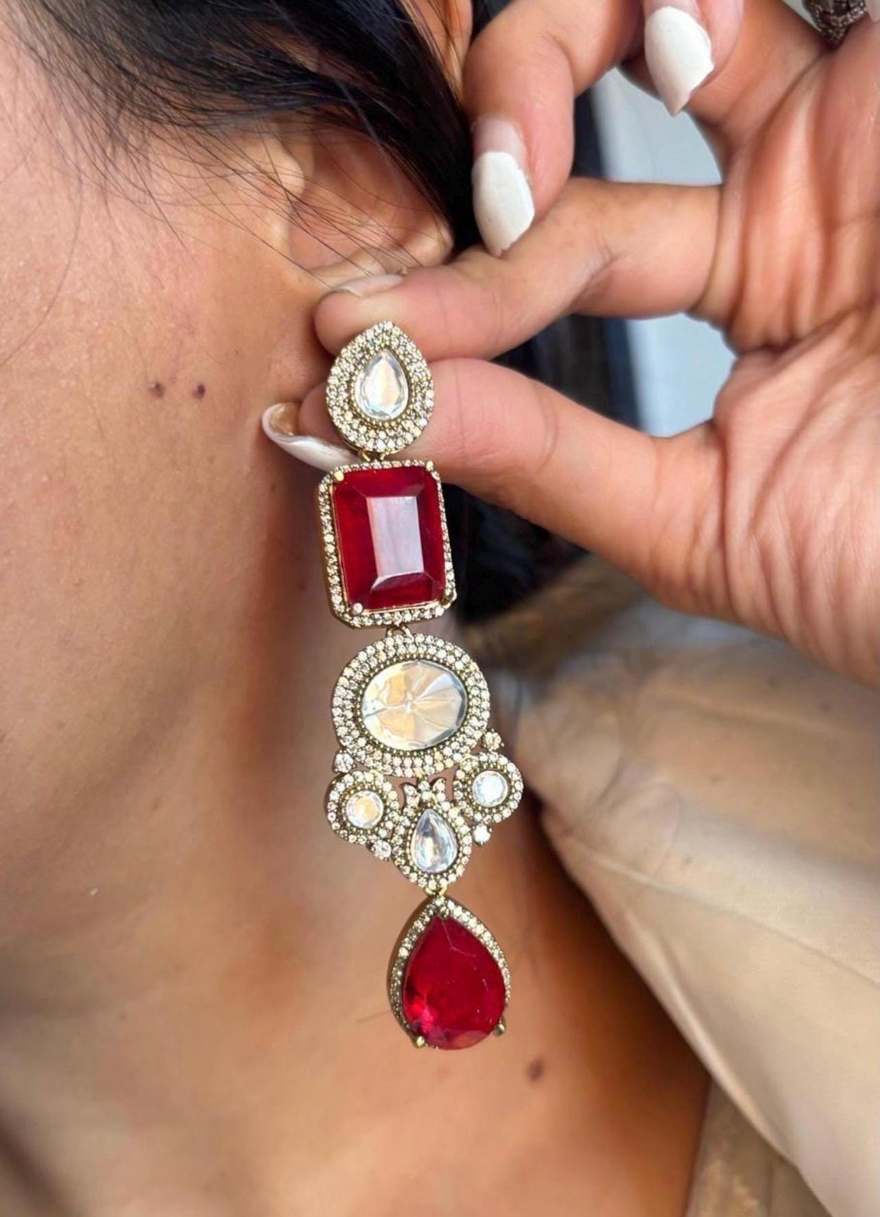 Ruby Red Layered Uncut Polki Kundan Long Necklace Sabyasachi Jewelry Diamond Necklace India Moissanite Polki Pendant Uncut Kundan Jewelry