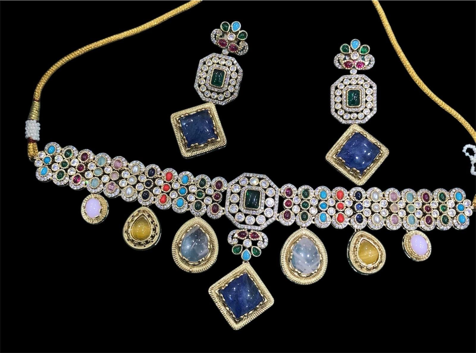 Premium Amrapali Inspired Victorian Gold Multi color Uncut Faux Polki Kundan choker Necklace With Earrings Indian Pakistani Designer Jewelry