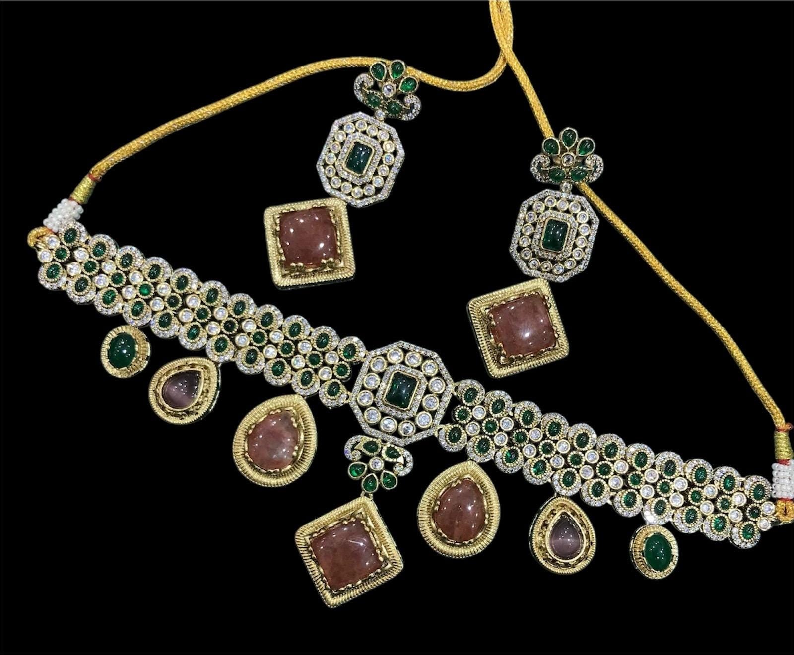 Premium Amrapali Inspired Victorian Gold Multi color Uncut Faux Polki Kundan choker Necklace With Earrings Indian Pakistani Designer Jewelry