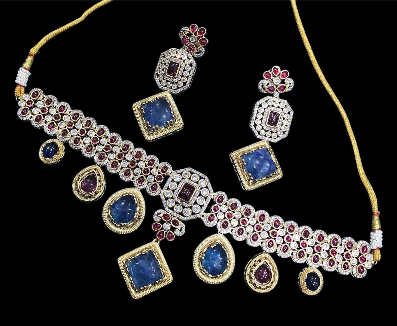 Premium Amrapali Inspired Victorian Gold Multi color Uncut Faux Polki Kundan choker Necklace With Earrings Indian Pakistani Designer Jewelry