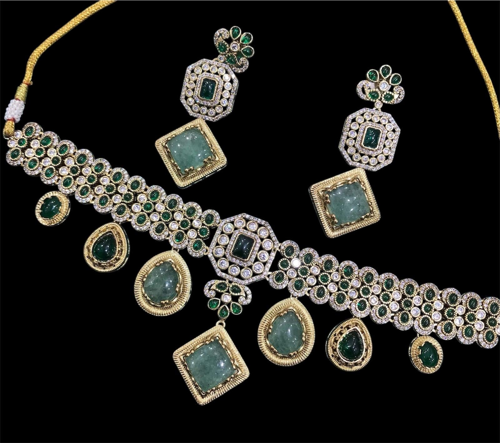 Premium Amrapali Inspired Victorian Gold Multi color Uncut Faux Polki Kundan choker Necklace With Earrings Indian Pakistani Designer Jewelry