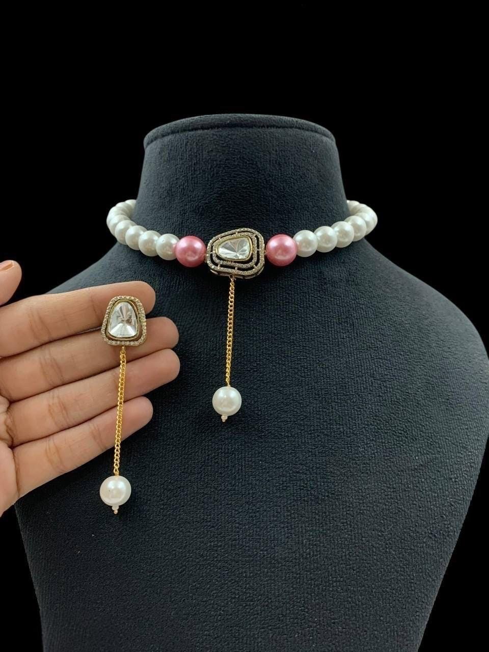 Pearl zirconia Fine choker dainty Necklace Set/ Indian Pakistani Wedding bridesmaid delicate Set/Premium quality pearls and CZ stone jewelry
