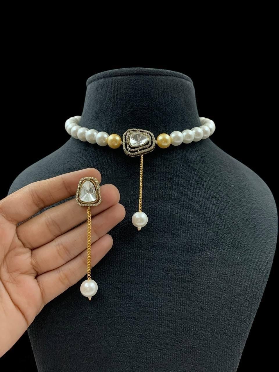 Pearl zirconia Fine choker dainty Necklace Set/ Indian Pakistani Wedding bridesmaid delicate Set/Premium quality pearls and CZ stone jewelry