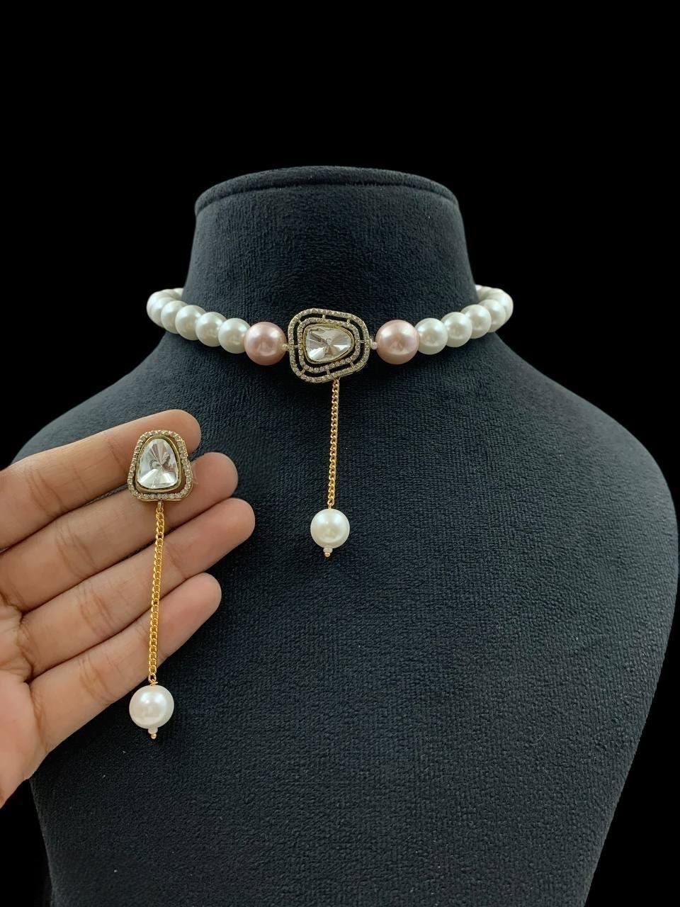 Pearl zirconia Fine choker dainty Necklace Set/ Indian Pakistani Wedding bridesmaid delicate Set/Premium quality pearls and CZ stone jewelry