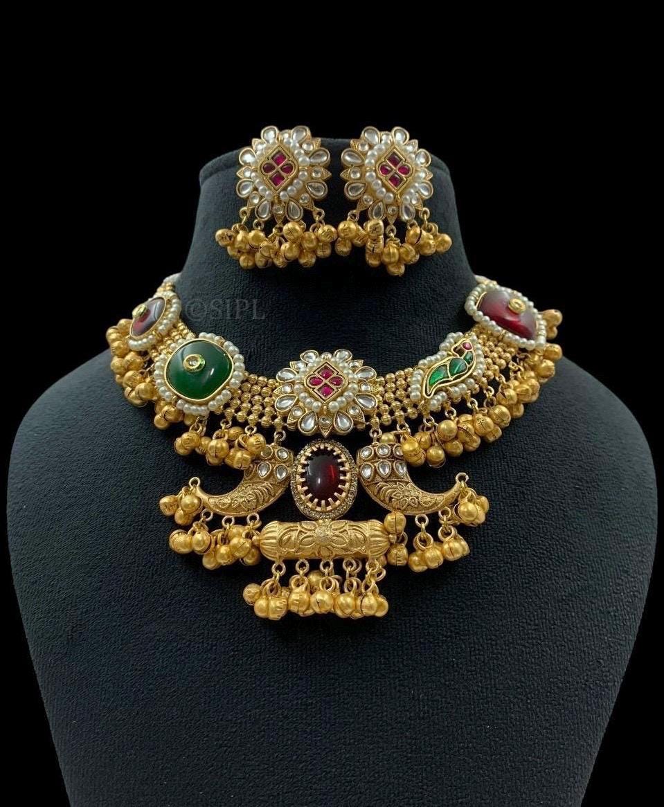 Indian Necklace Set/ Indian Choker Necklace/Ghungroo and stone necklace /statment bridal wedding fusion Indian Pakistani gold necklace set