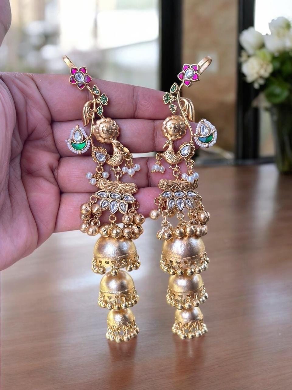 Peacock kaanphool/earcuffs/gold plated fusion earrings/jhumka earrings/Ghungroo celebrity Bollywood Indian Pakistani bridal wedding earrings