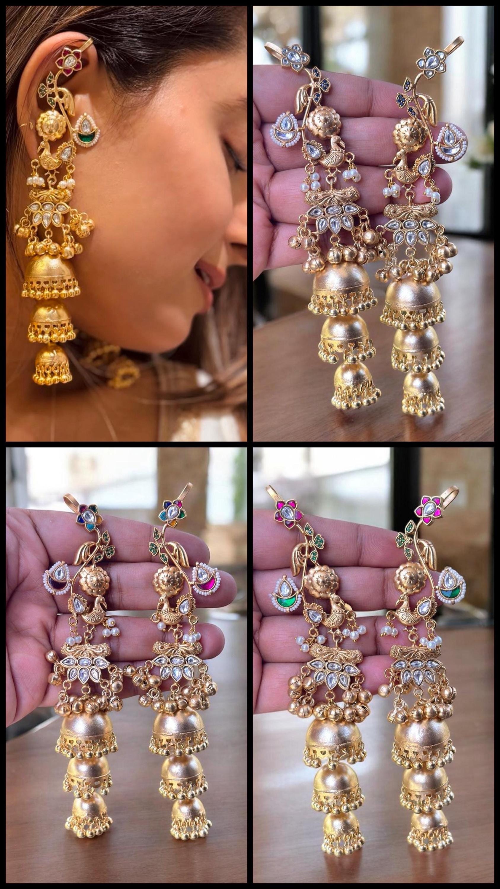 Peacock kaanphool/earcuffs/gold plated fusion earrings/jhumka earrings/Ghungroo celebrity Bollywood Indian Pakistani bridal wedding earrings