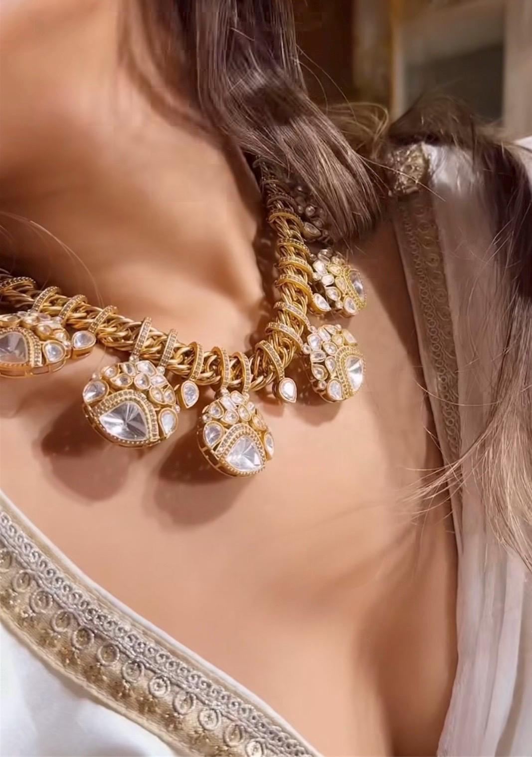Sabyasachi Inspired Fine Moissanite Polki with real freshwater pearls necklace with earrings,tikka and cuff/statement fusion wedding goldset