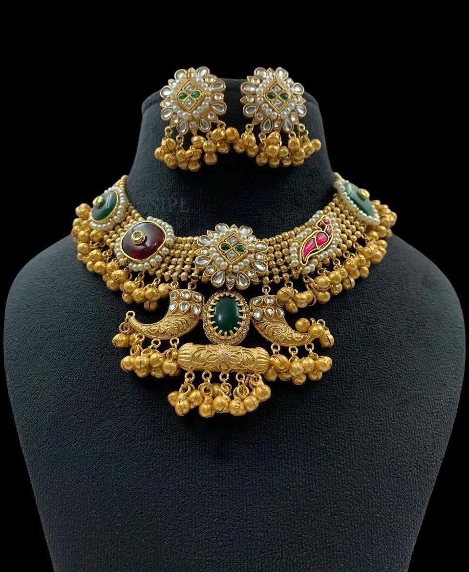 Indian Necklace Set/ Indian Choker Necklace/Ghungroo and stone necklace /statment bridal wedding fusion Indian Pakistani gold necklace set