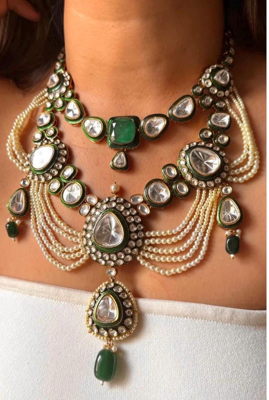 Premium Multilayered Sabyasachi inspired Emerald Green Pearl White Necklace Set With Earrings/Statement Bridal Wedding Indian Pakistani set