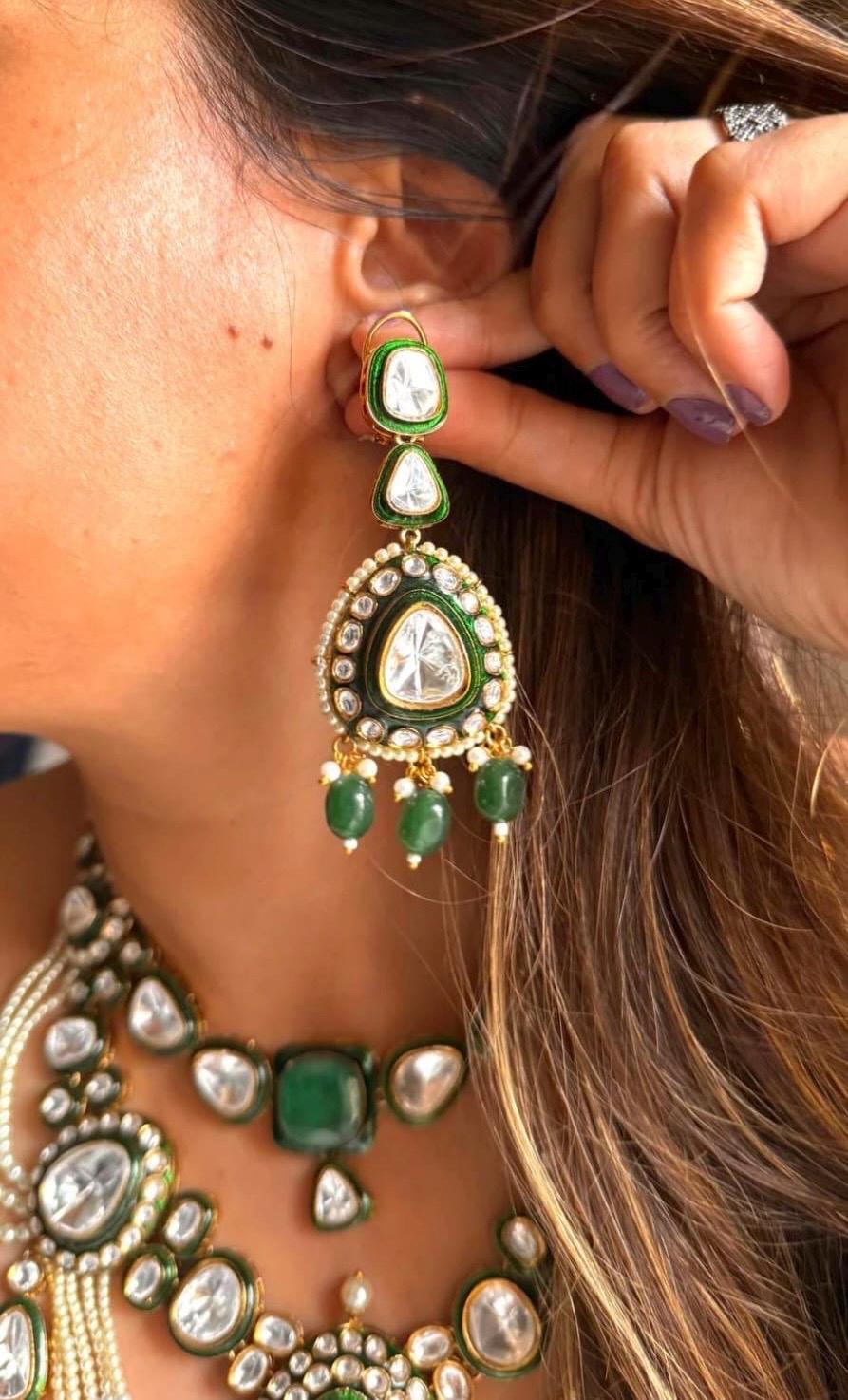 Premium Multilayered Sabyasachi inspired Emerald Green Pearl White Necklace Set With Earrings/Statement Bridal Wedding Indian Pakistani set