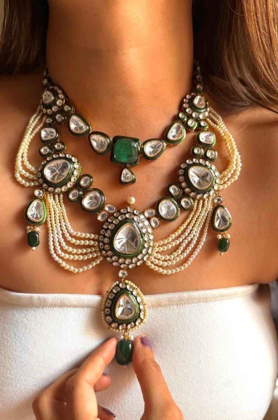 Premium Multilayered Sabyasachi inspired Emerald Green Pearl White Necklace Set With Earrings/Statement Bridal Wedding Indian Pakistani set