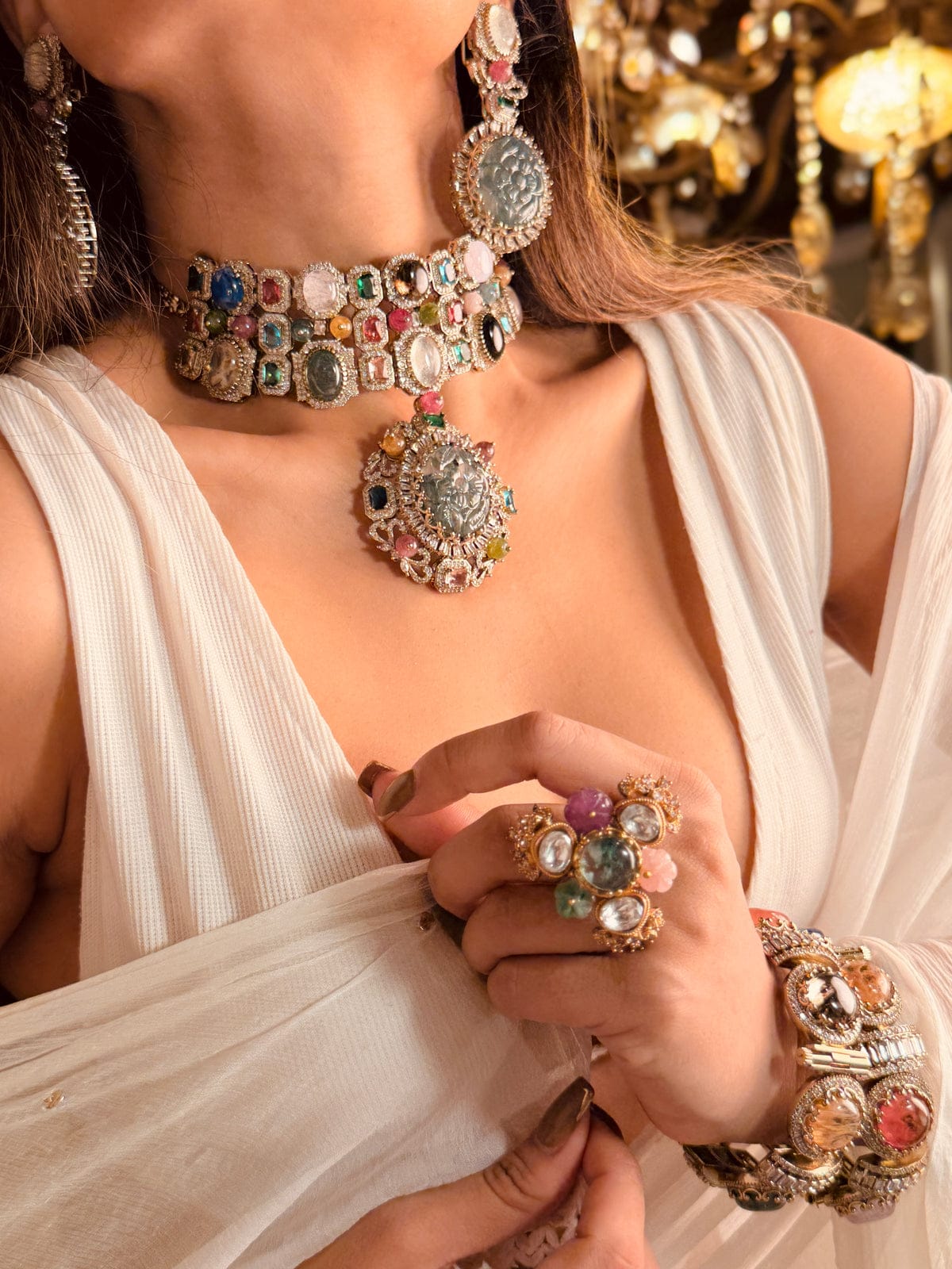 Premium Quality Navratan Sabyasachi Replica Kundan Necklace Full SetElevate
