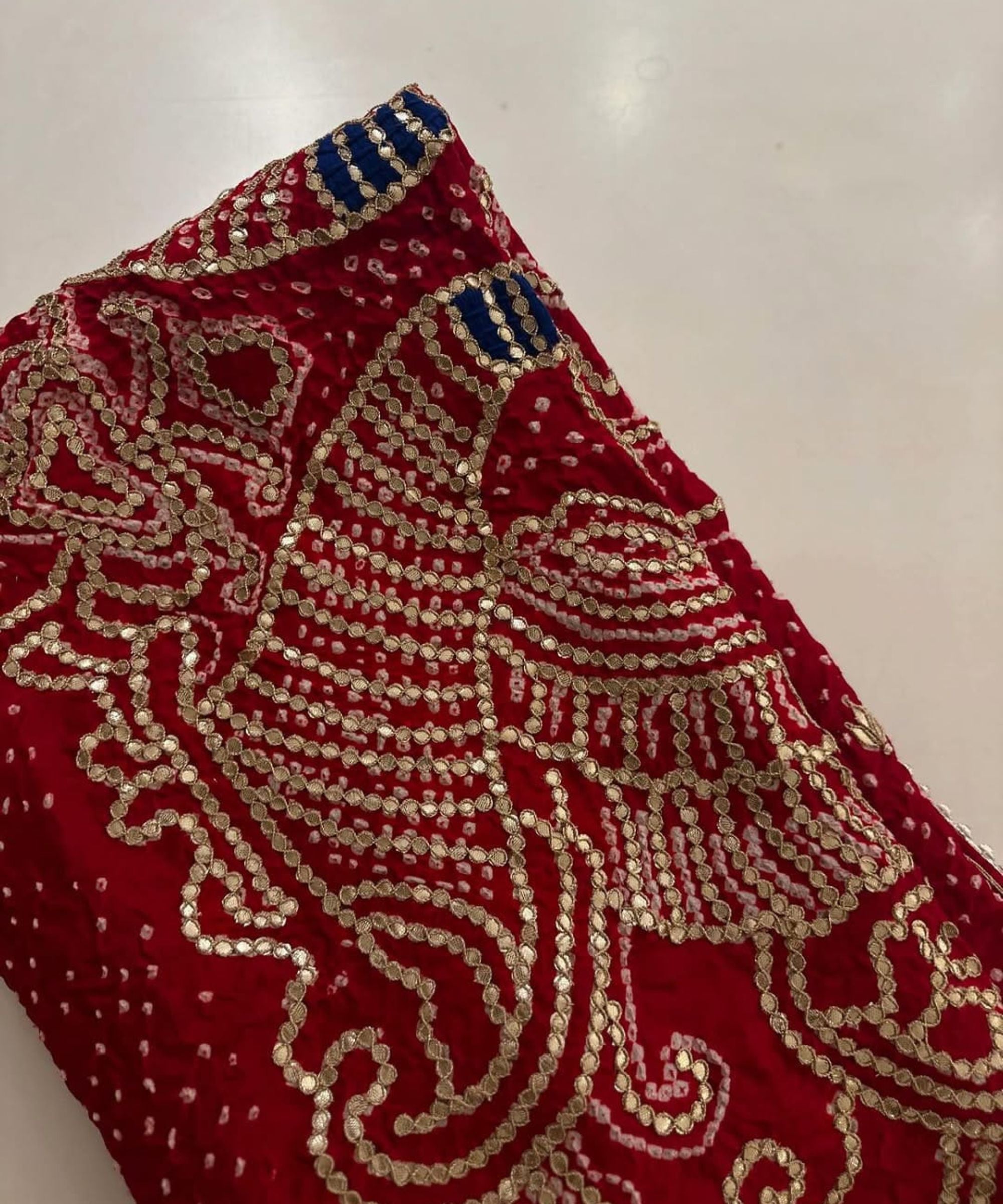 Red Bandhej Pure Gajji Silk Dupatta with Jaipuri Gota Patti Work