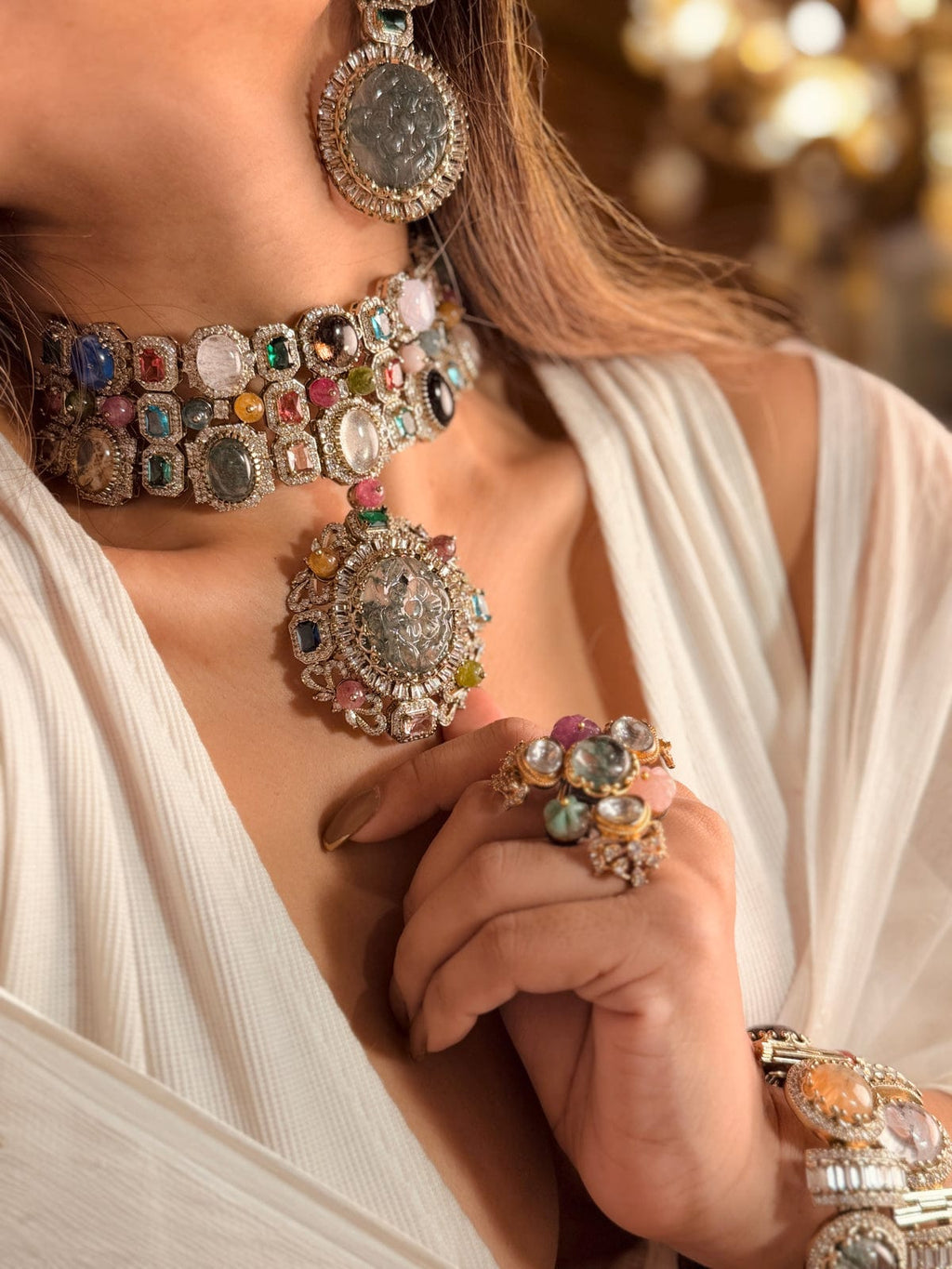 Premium Quality Navratan Sabyasachi Replica Kundan Necklace Full SetElevate