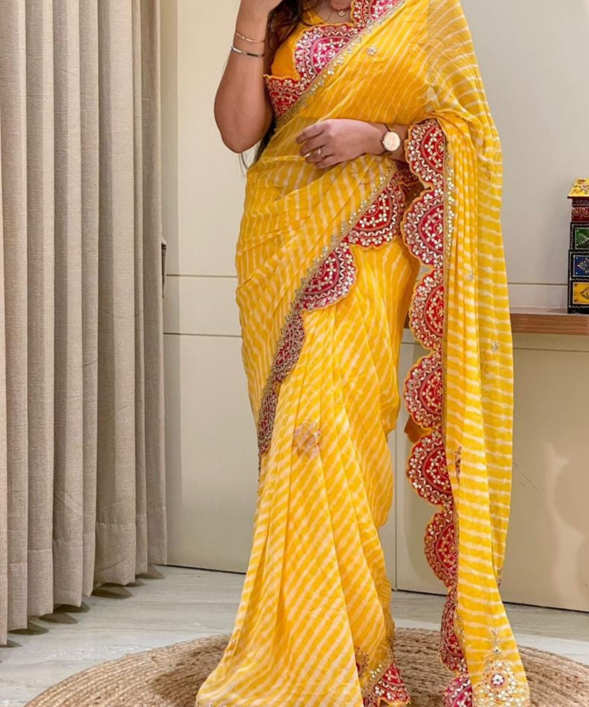 Yellow Lehriya Saree with Hand Embroidery