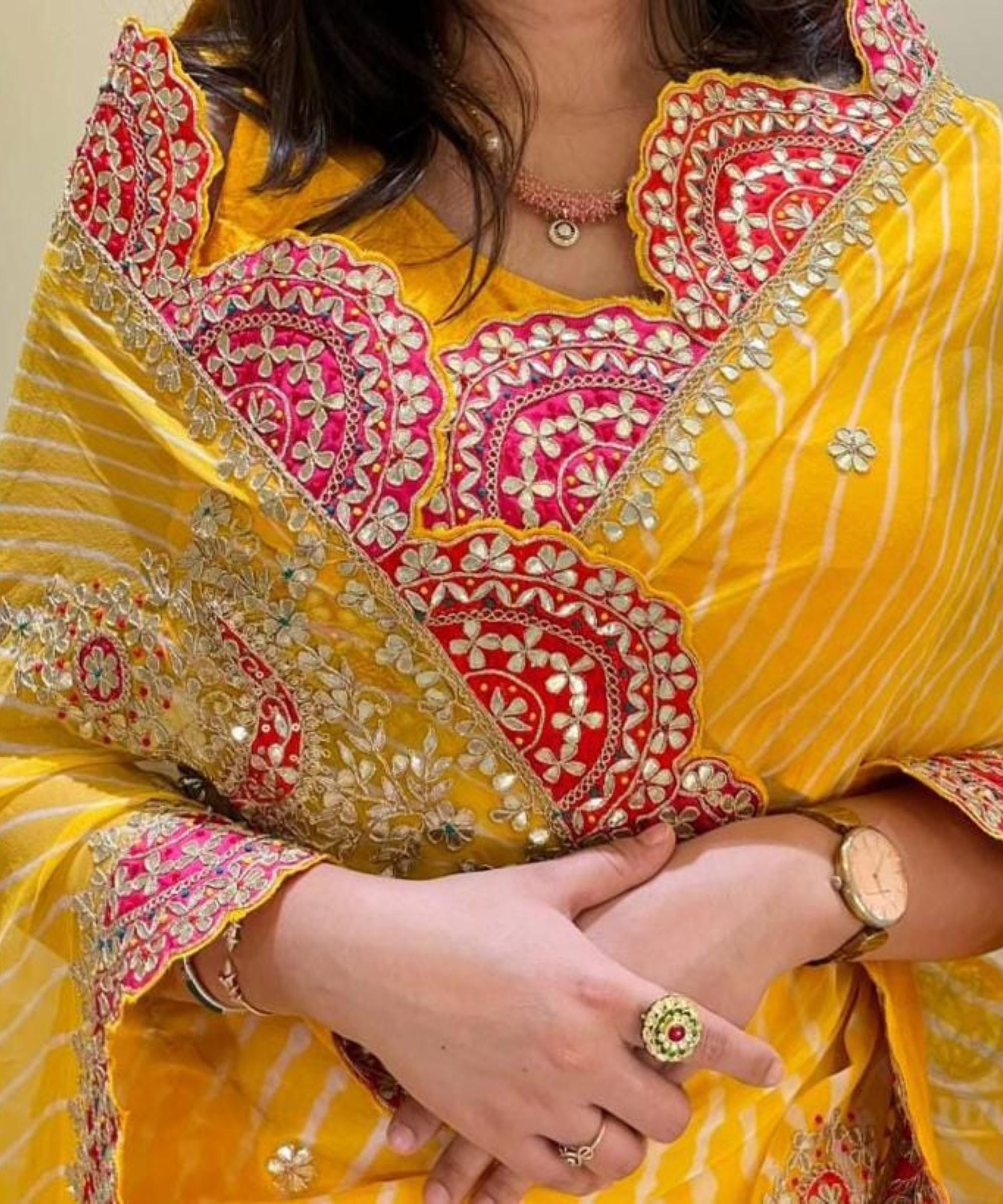 Yellow Lehriya Saree with Hand Embroidery