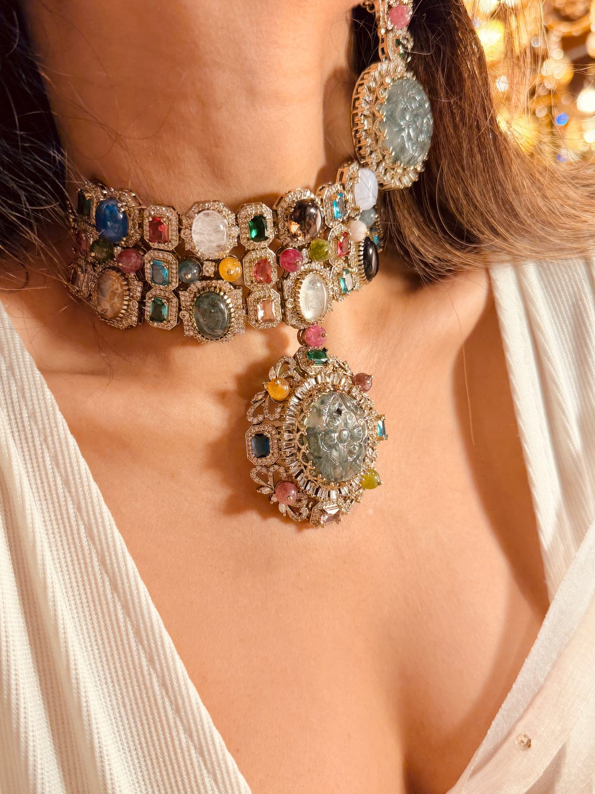 Premium Quality Navratan Sabyasachi Replica Kundan Necklace Full SetElevate