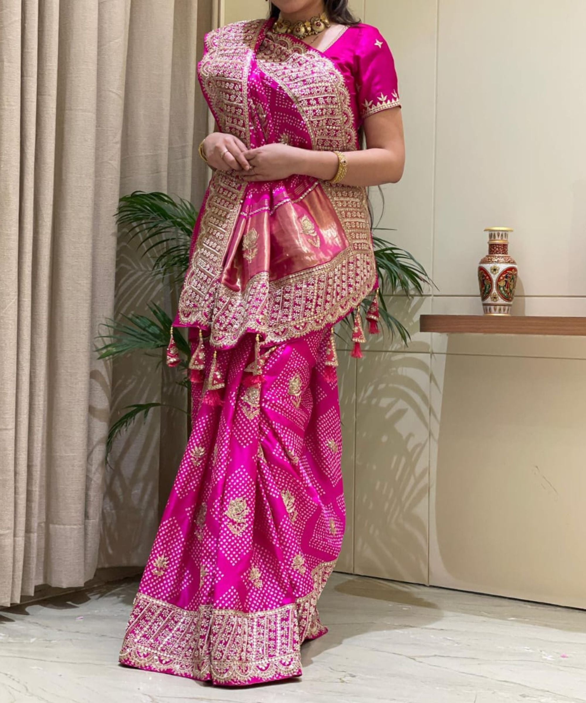 Nora Fatehi Saree in Rani Pink