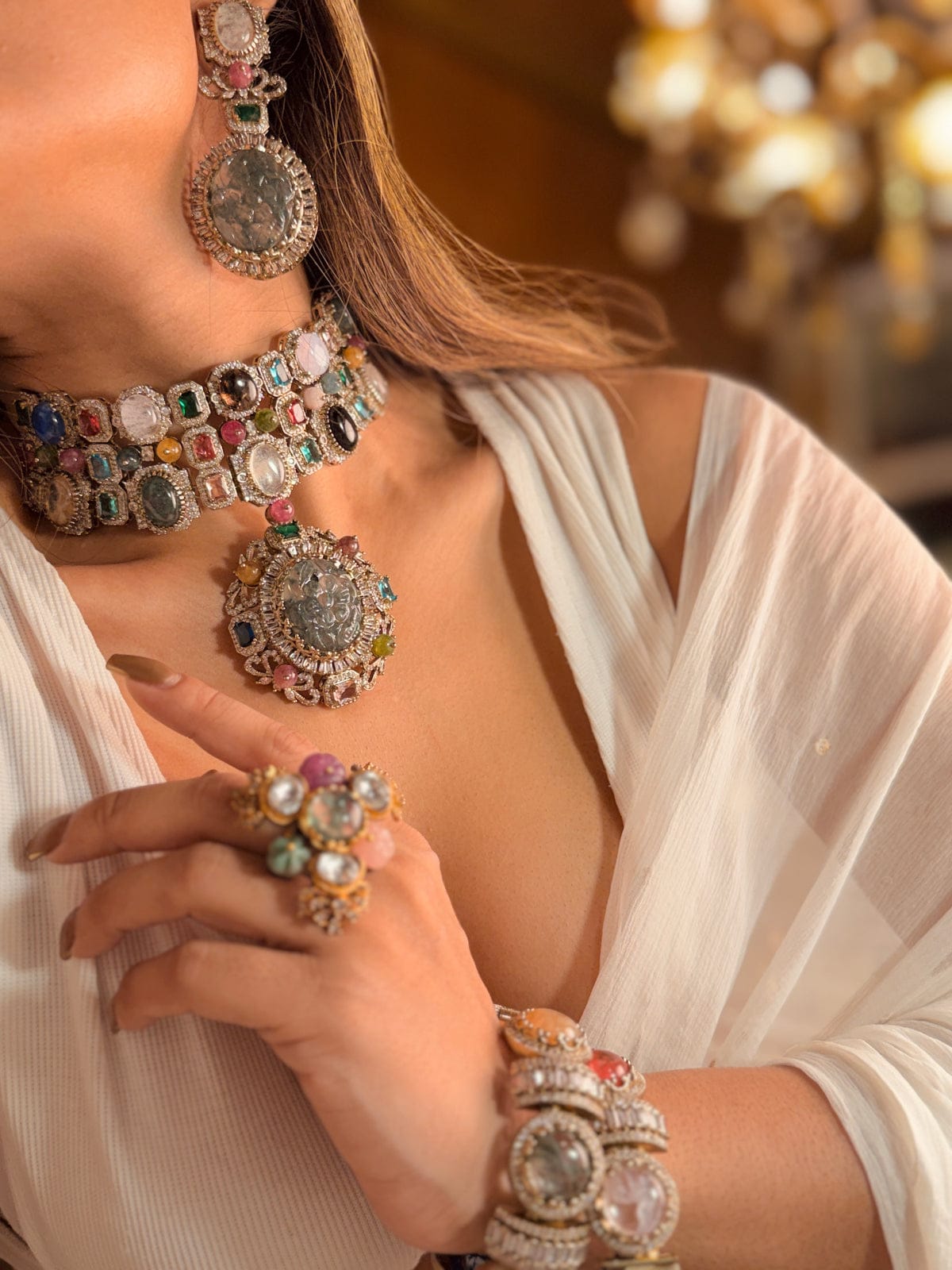 Premium Quality Navratan Sabyasachi Replica Kundan Necklace Full SetElevate