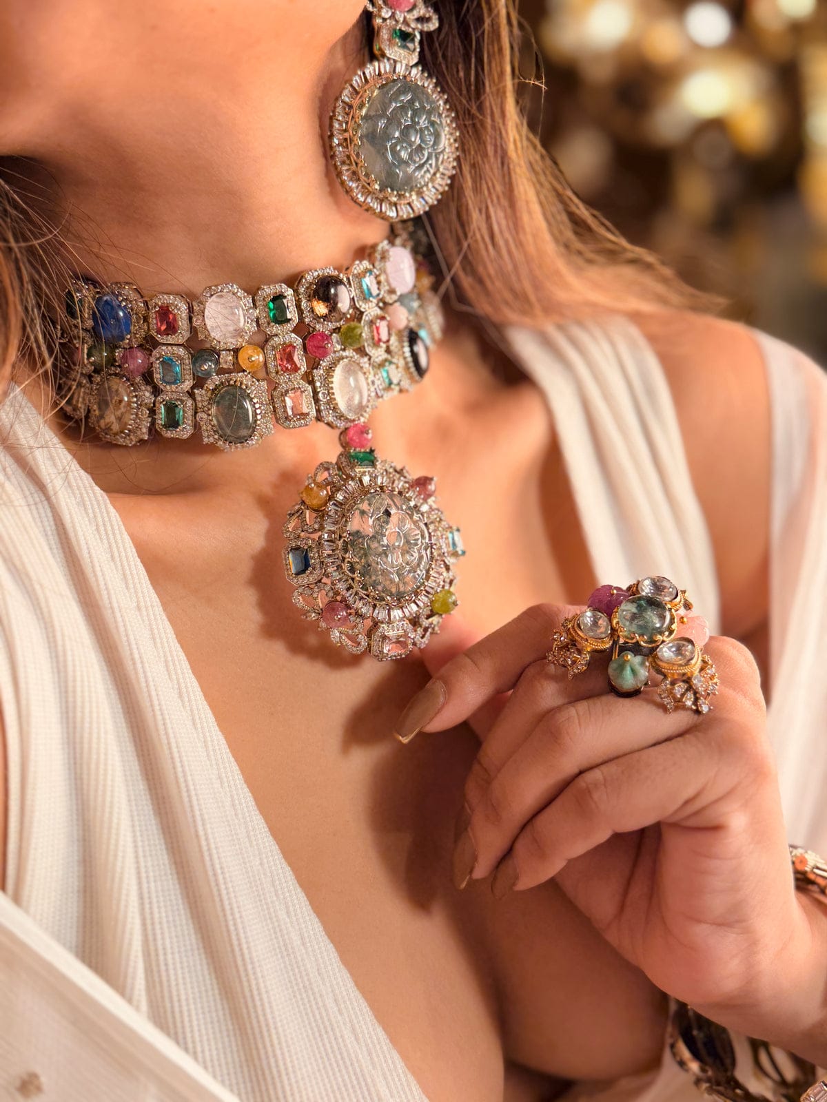 Premium Quality Navratan Sabyasachi Replica Kundan Necklace Full SetElevate